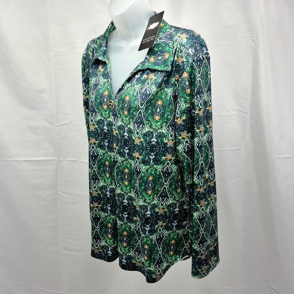 Valolia Green Blue Orange Paisley Print V-Neck Tunic Blouse Shirt XL - Picture 4 of 15
